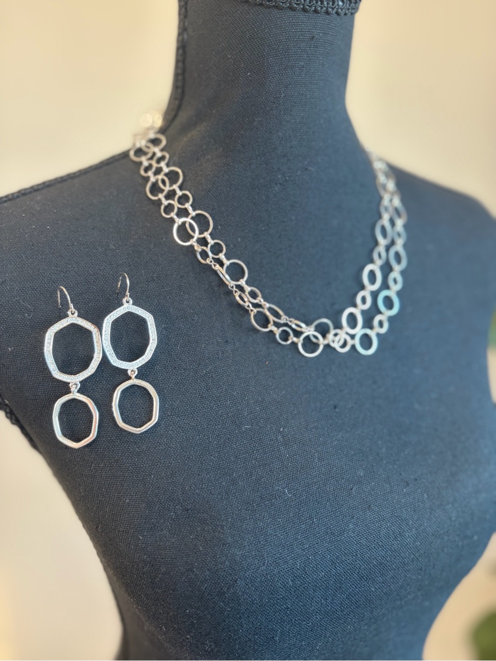 Fashion Jewelry Silver Linked Open Circle Necklace with Double Drop Earrings